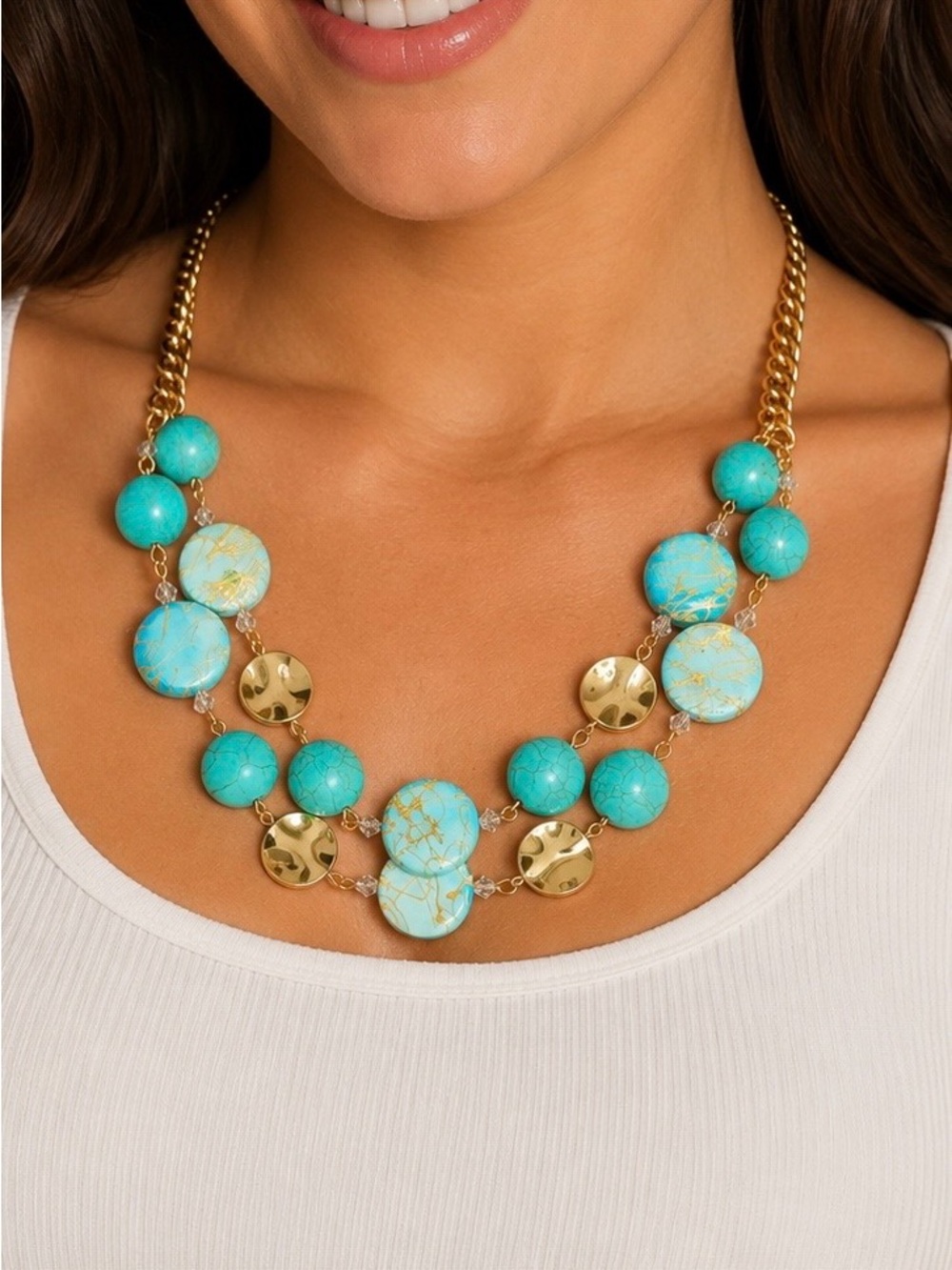 Charming Charlie Gold Tone Turquoise Statement Necklace Mother of Pearl Bib
